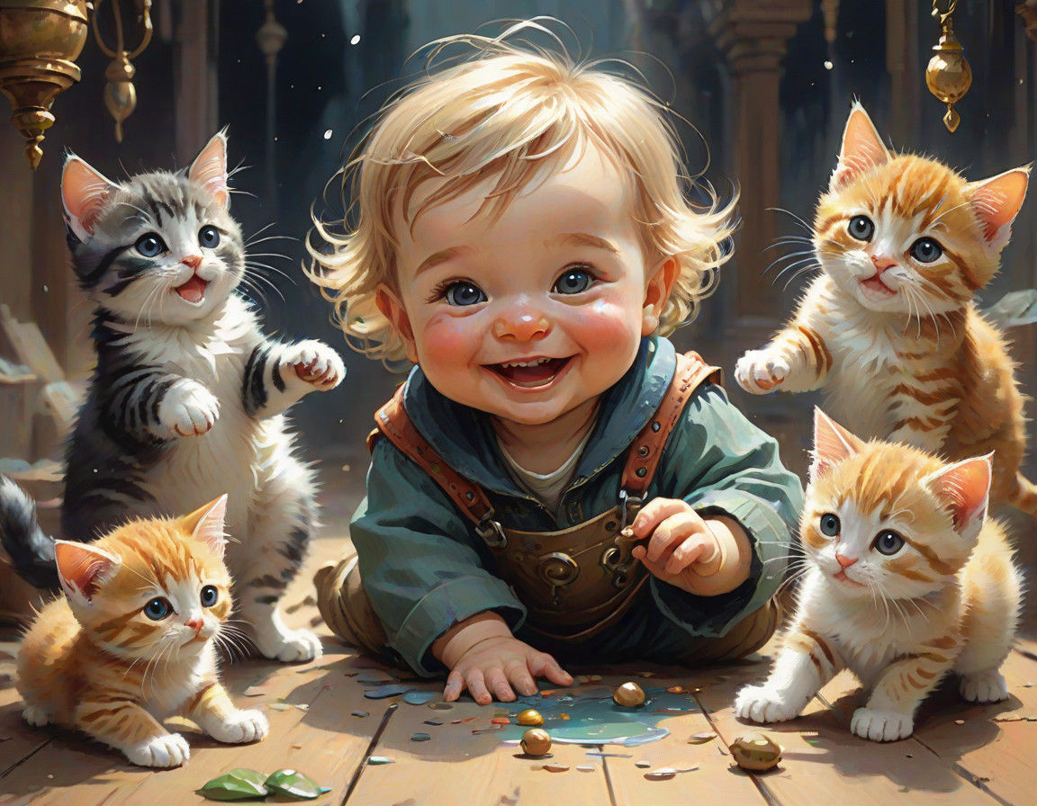 A Joyful Baby Plays with Whimsical Kittens in a Watercolor M...