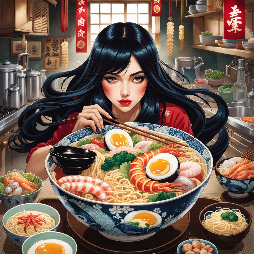 Seafood Ramen Bowl Held by Woman, Artgerm Style