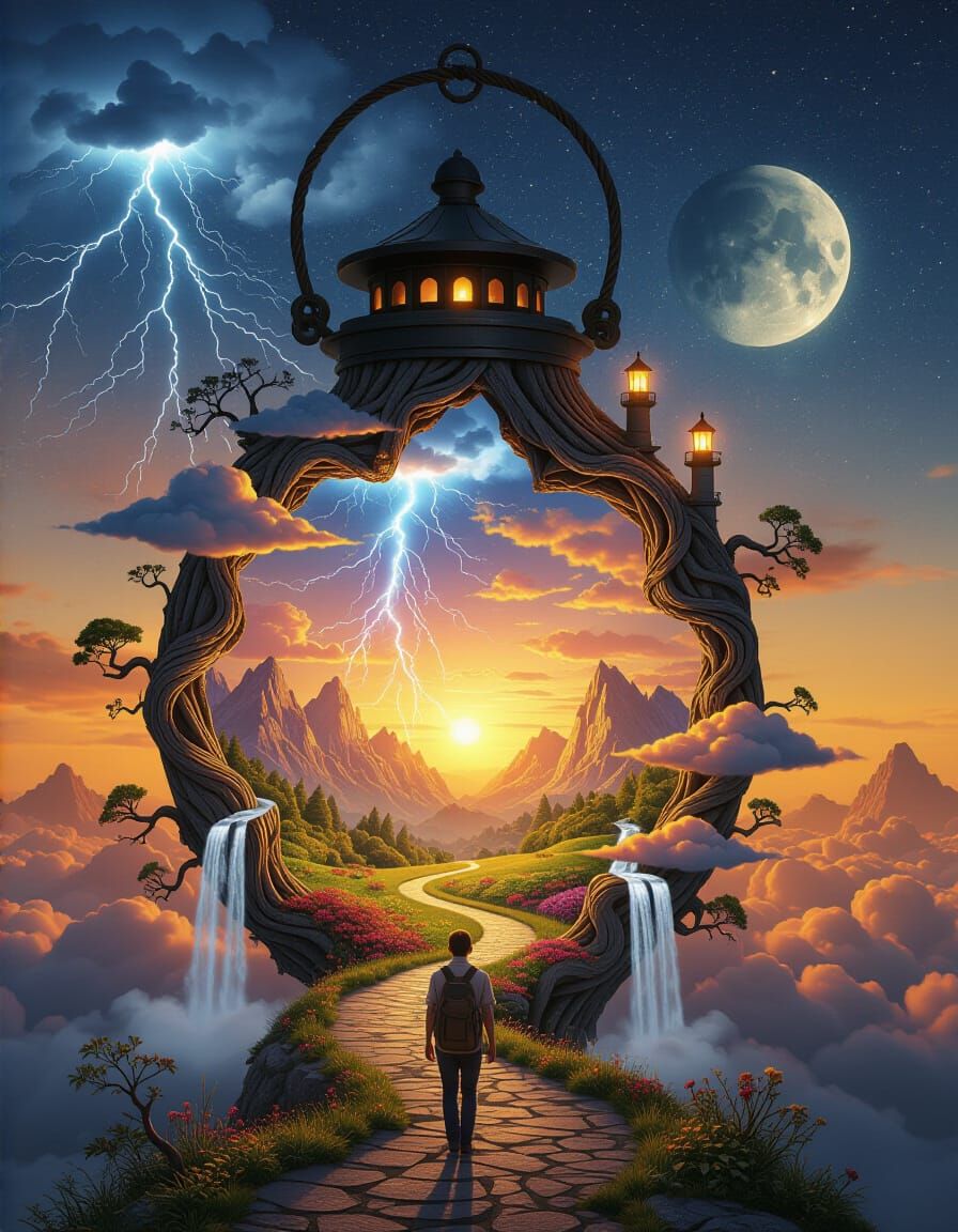 Surreal Mountain Lantern Stargate Dreamscape