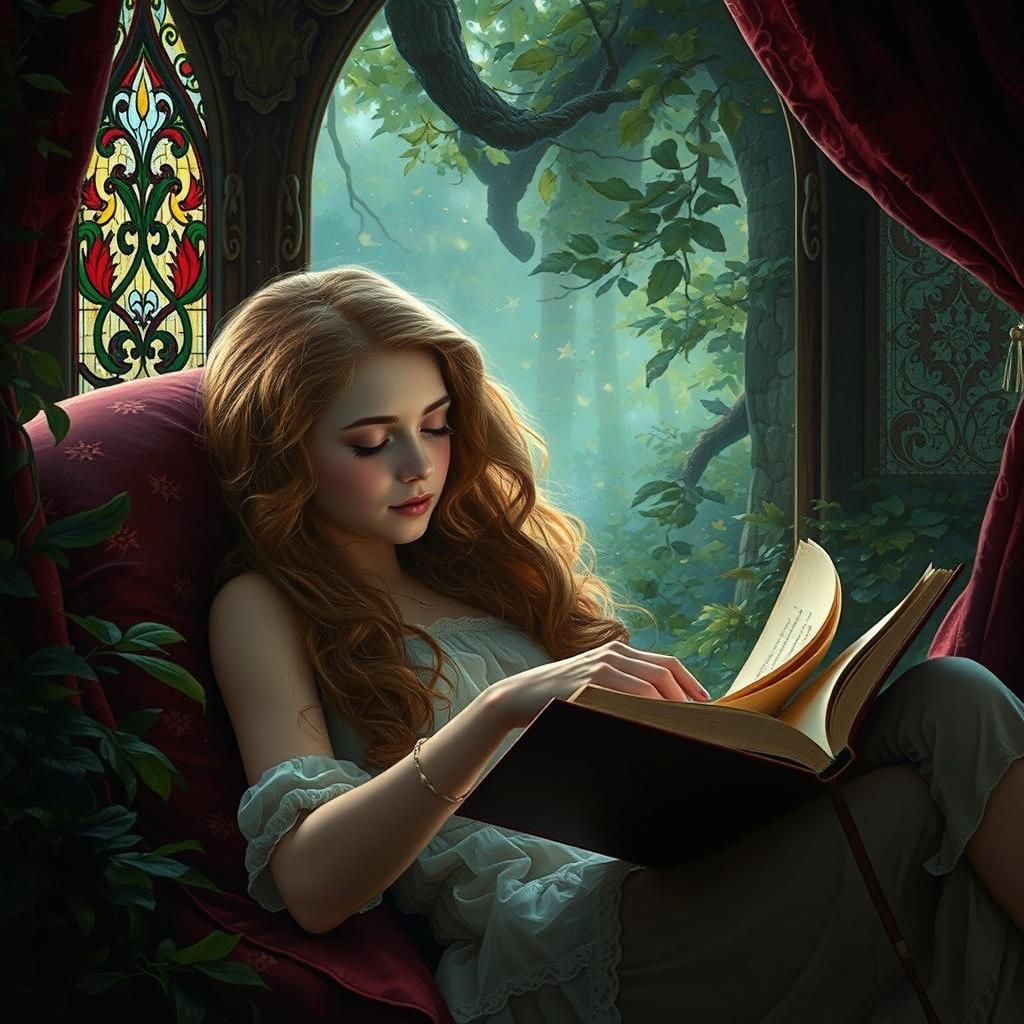 Sleeping Maiden in Fantasy Nook, Pre-Raphaelite Style