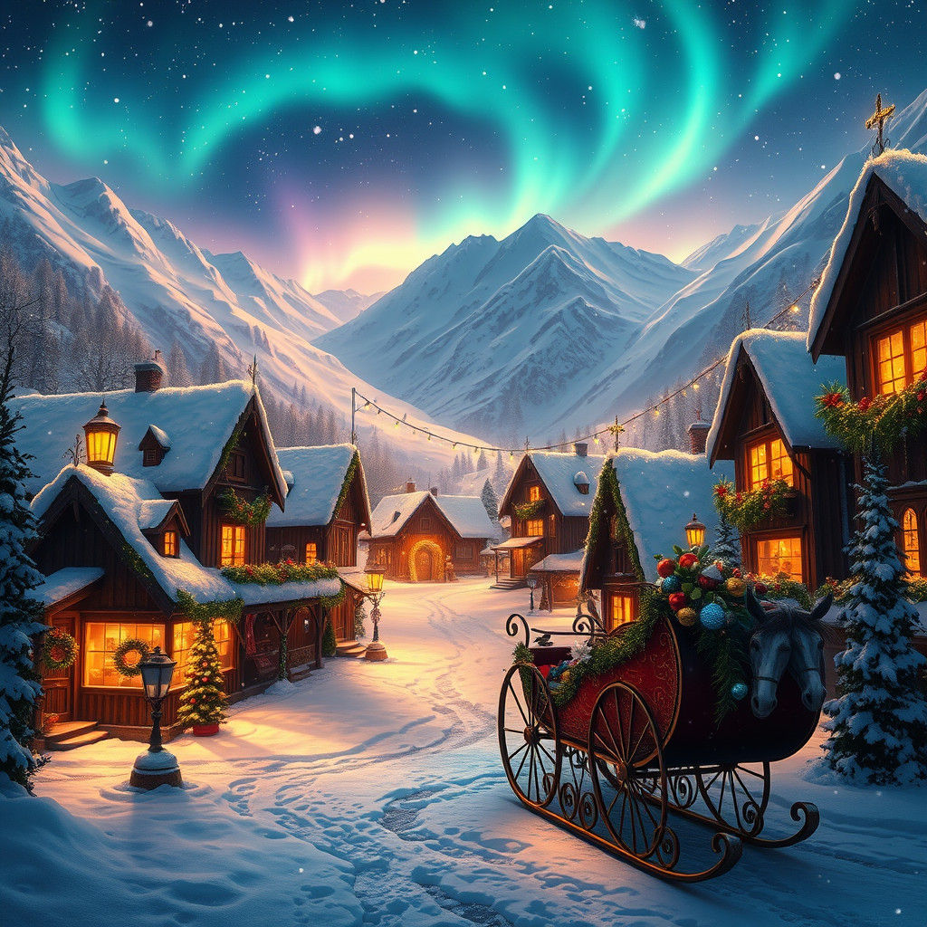Magical Winter Village in a Matte Painting Style