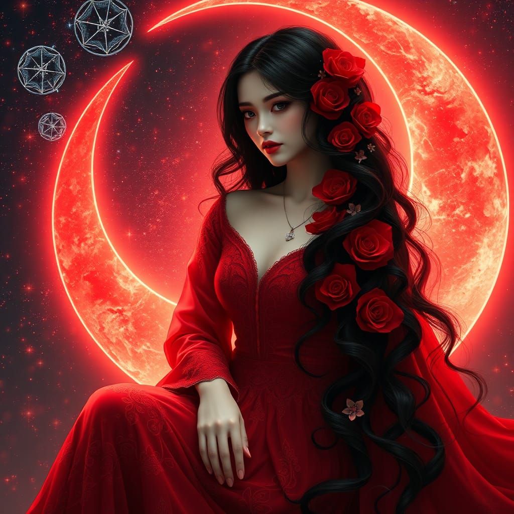 Woman in Crescent Moon with Red Roses