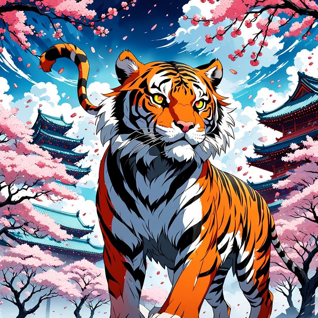 Anime Tiger in Cherry Blossom Landscape