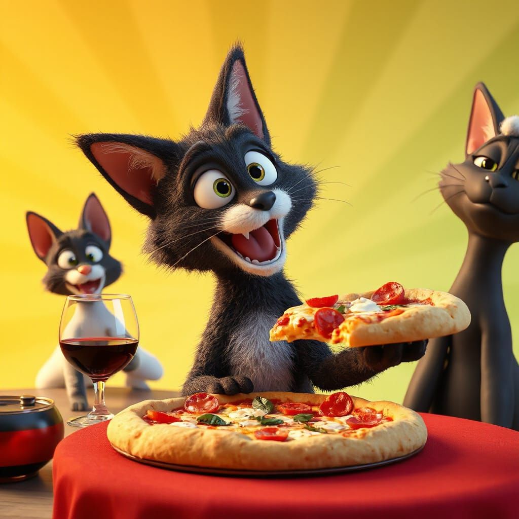 Smiling Black Cat Serving Pizza, 3D Digital Art