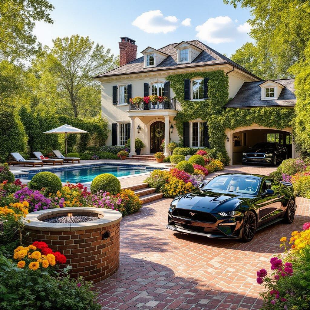 Photorealistic Villa with Sprawling Garden and Mustang