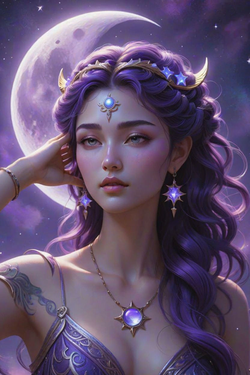 A captivating fantasy portrait of a moon goddess. She has et...