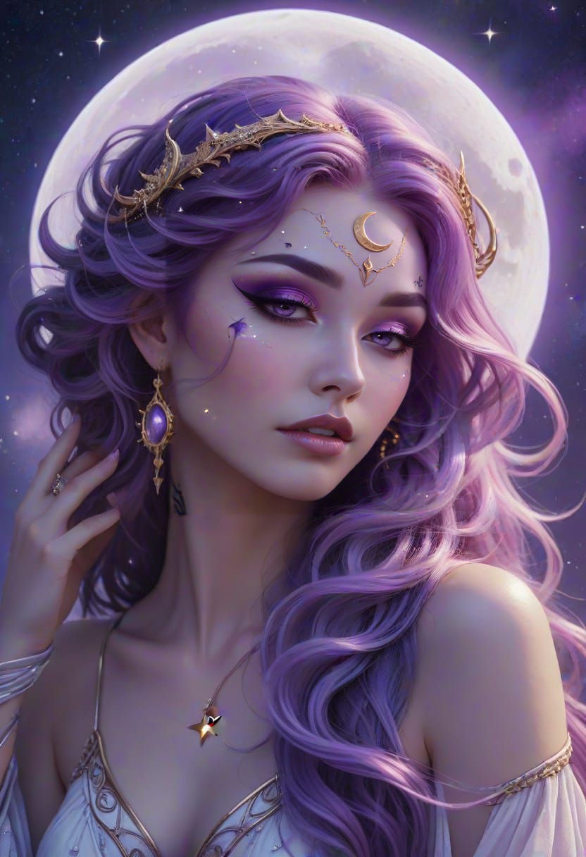 A captivating fantasy portrait of a moon goddess. She has et...