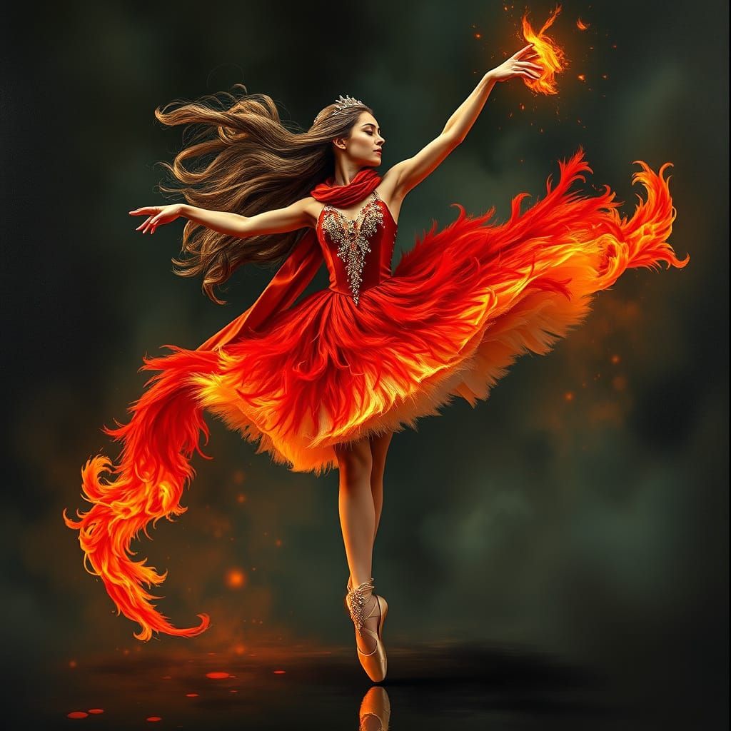 Ballerina in Fiery Red Dress: Acrylic Oil Painting