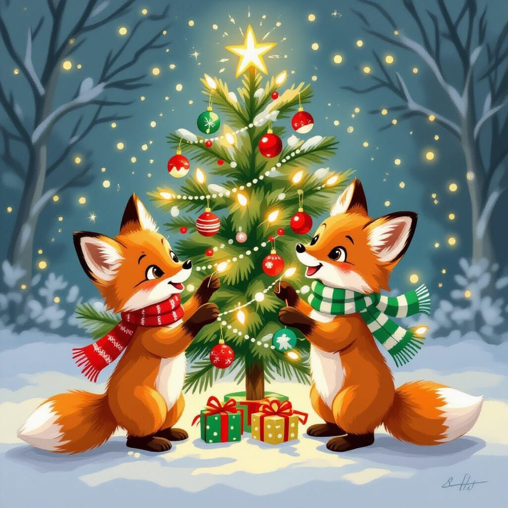 Baby Foxes Decorate Christmas Tree in Storybook Style