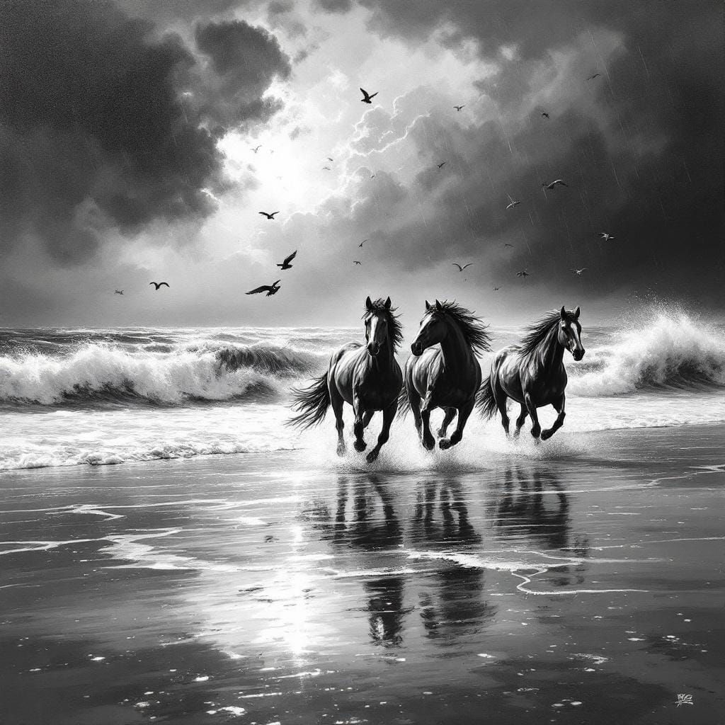 Wild Horses Galloping on Rain-Swept Shore