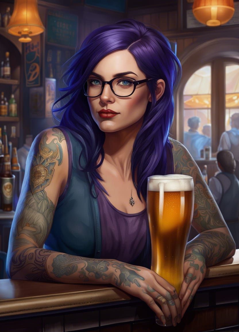 Tattooed Woman with Beer Glasses, Hyperdetailed Portrait