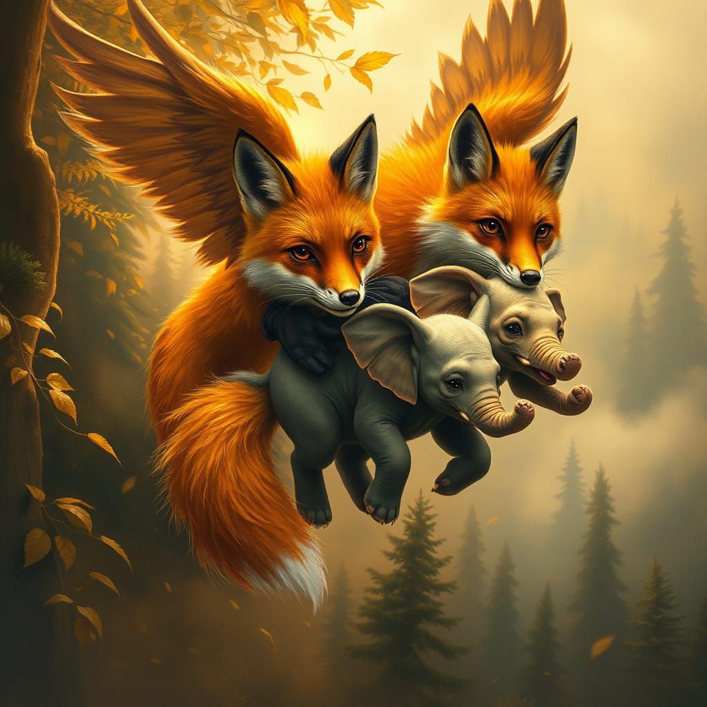 Majestic Foxes Defy Gravity Over a Whirlwind Forest Landscap...
