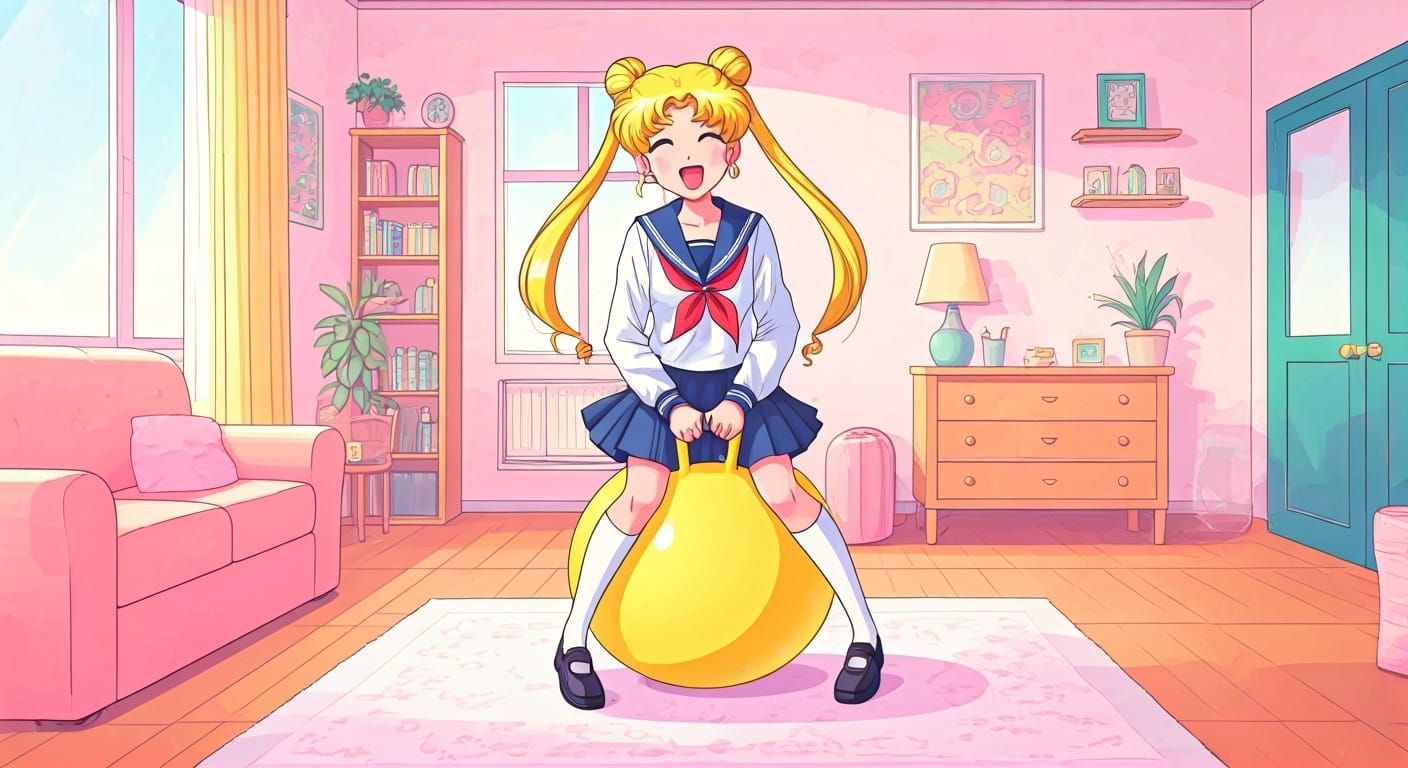 Usagi Tsukino Bouncing on Hopper Ball, Anime Style