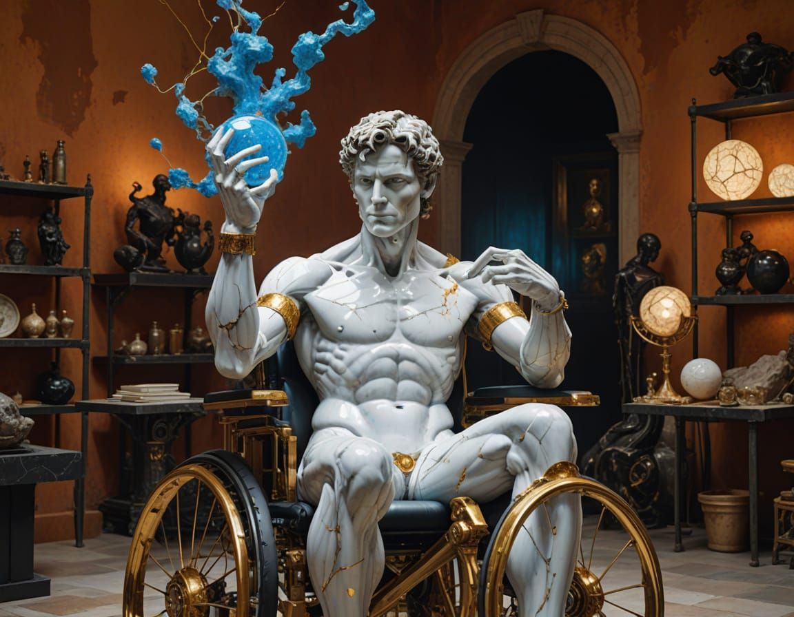 Metal Cyborg Michelangelo's David in Golden Powerwheelchair,...