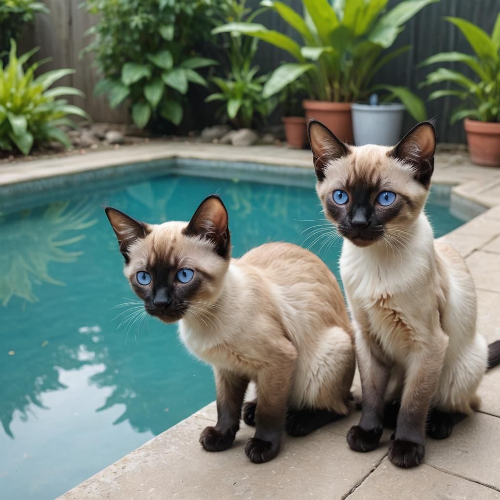Curious Siamese Kittens Watching Carp in Pool