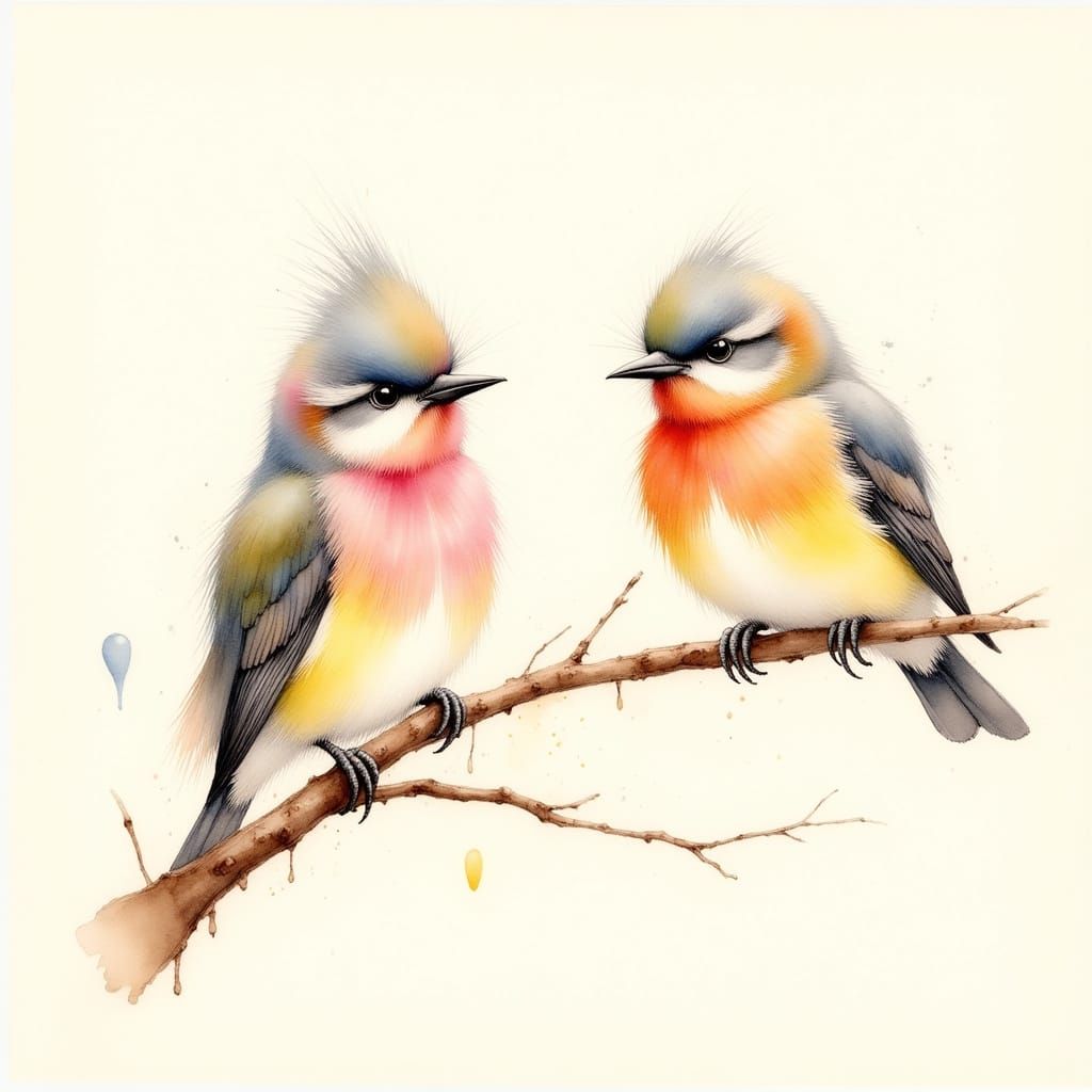 Pastel Birds on Branch in Watercolor Style