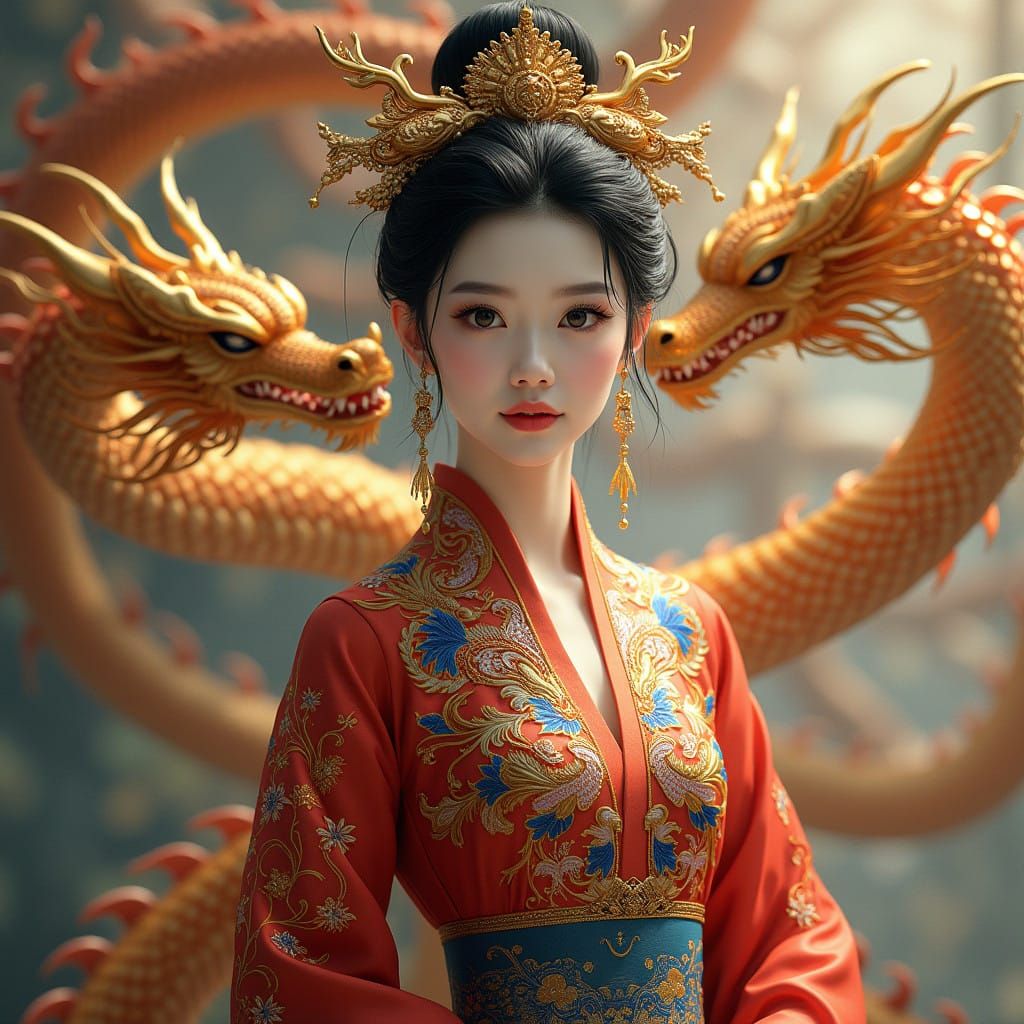 Breathtaking Chinese Goddess Longmu Embodied in Elegant Hanf...