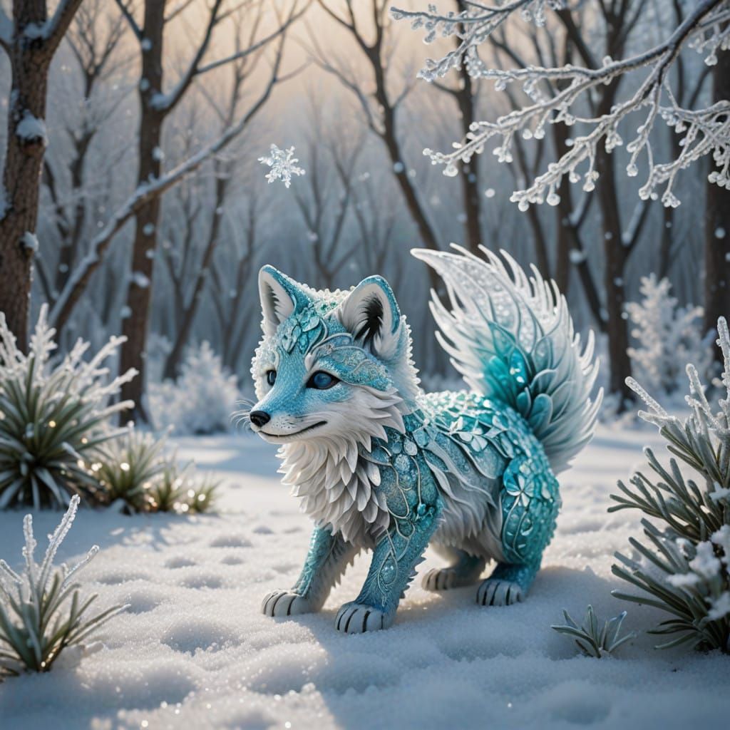 Ethereal Snow Fox Kit Dances Amidst Whirling Snowflakes in W...