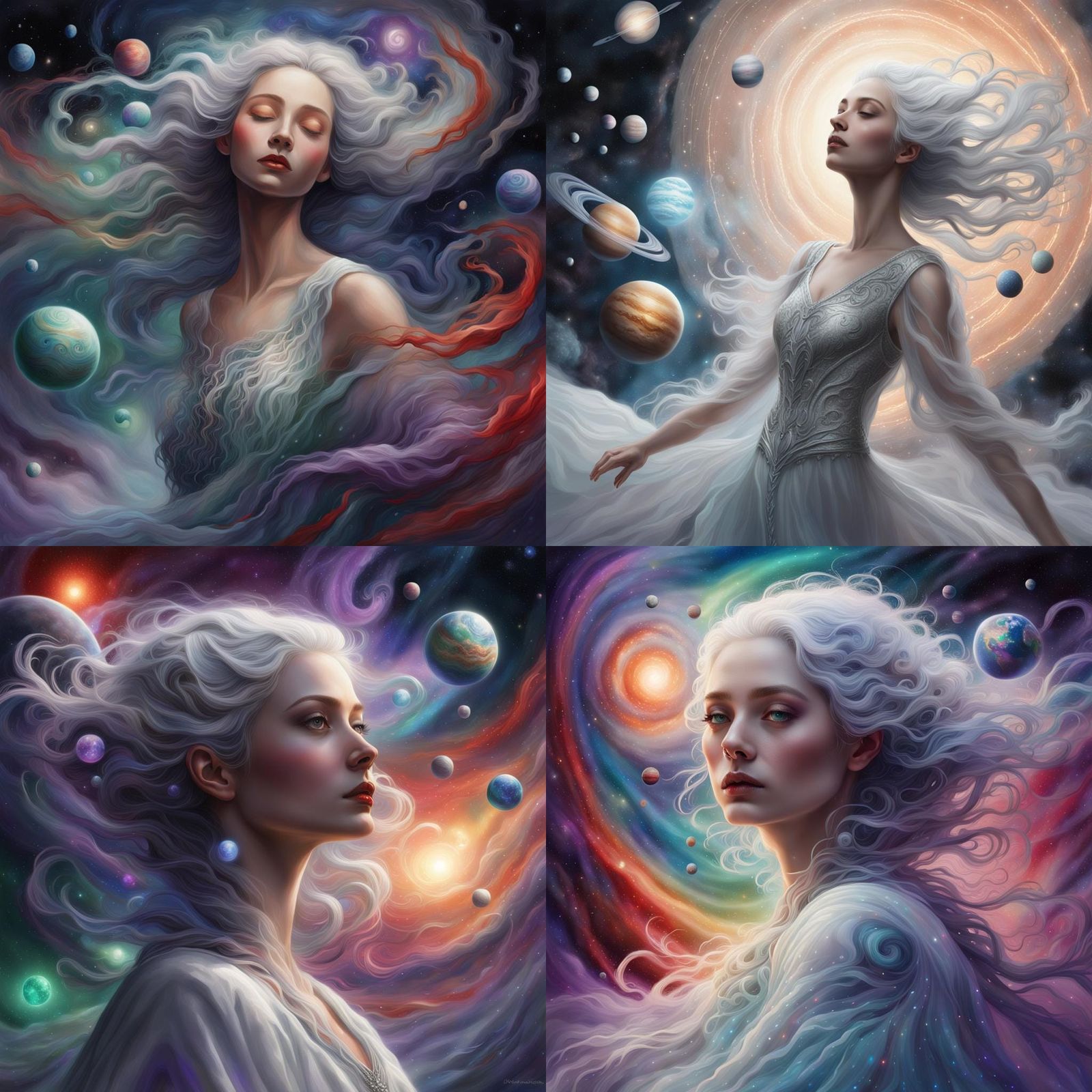 Ethereal Woman with Flowing Silver Hair in Space