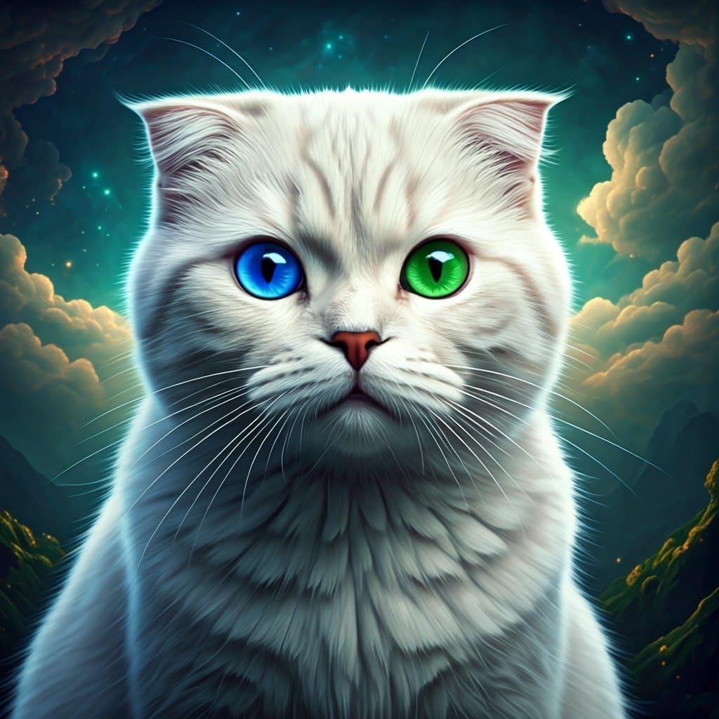 White Scottish Fold Cat with Heterochromia