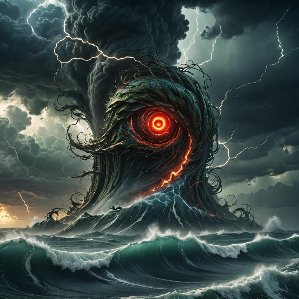 Ocean Tornado with Glowing Eyes, Dark Fantasy Art