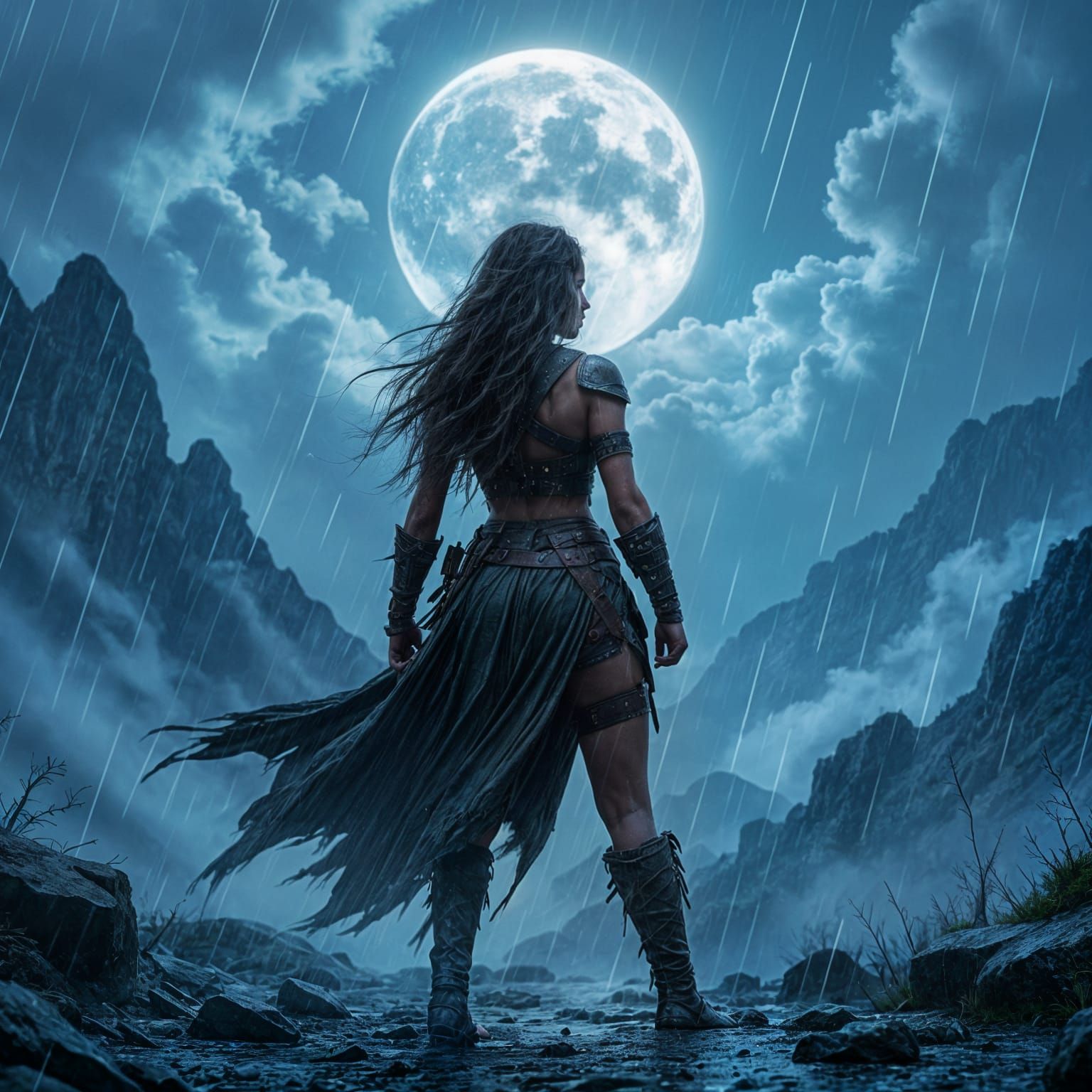 Warrior Maiden in Mountain Storm Under Half Moon