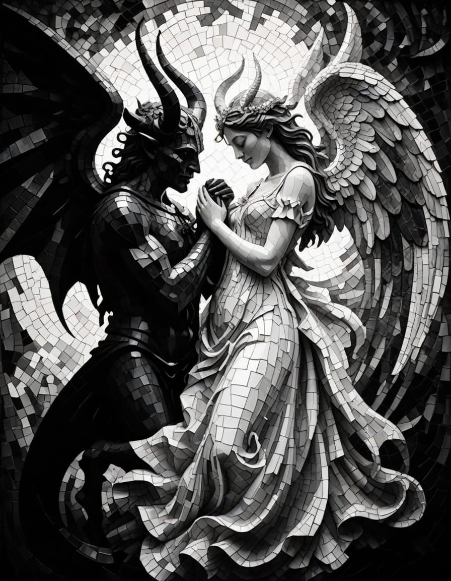 Monochromatic Mosaic: Demon and Angel Embrace