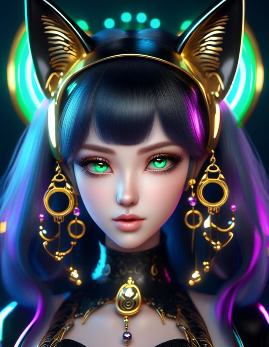 PhotoRealistic Kawaii female with cat ears, black and gold with hints of green, pink and purple 128k resolution, intrica...