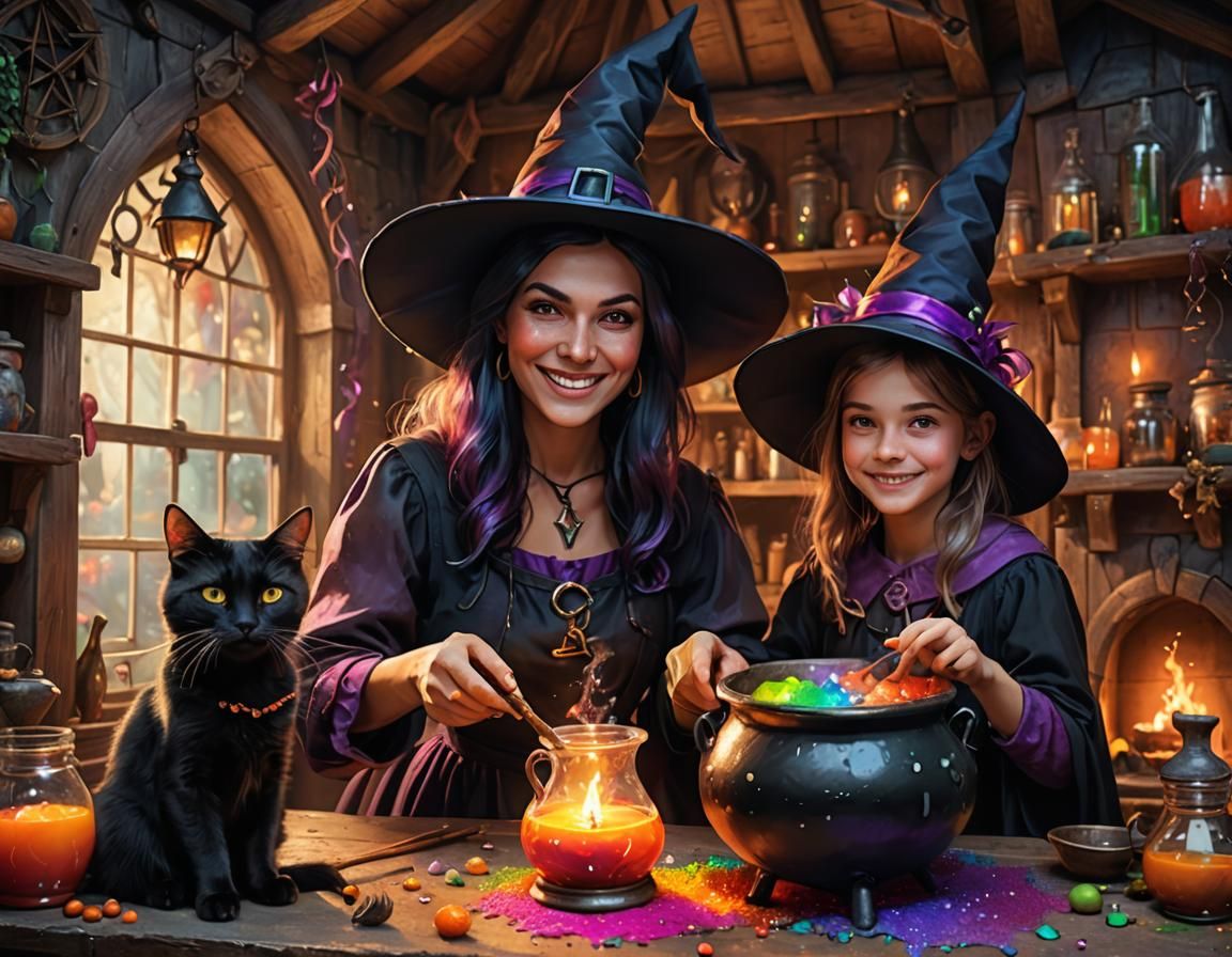 Witch and Student Brew Potion, Fantasy Concept Art