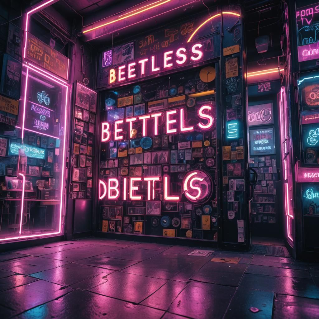 Neon Cyberpunk Record Store Window with 'Beetles' Album
