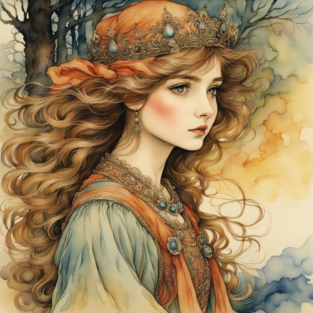 Watercolor Princess Illustration in Arthur Rackham Style