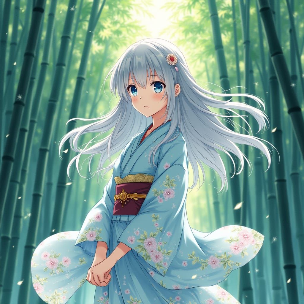 Anime Girl in Bamboo Forest: Watercolor Style