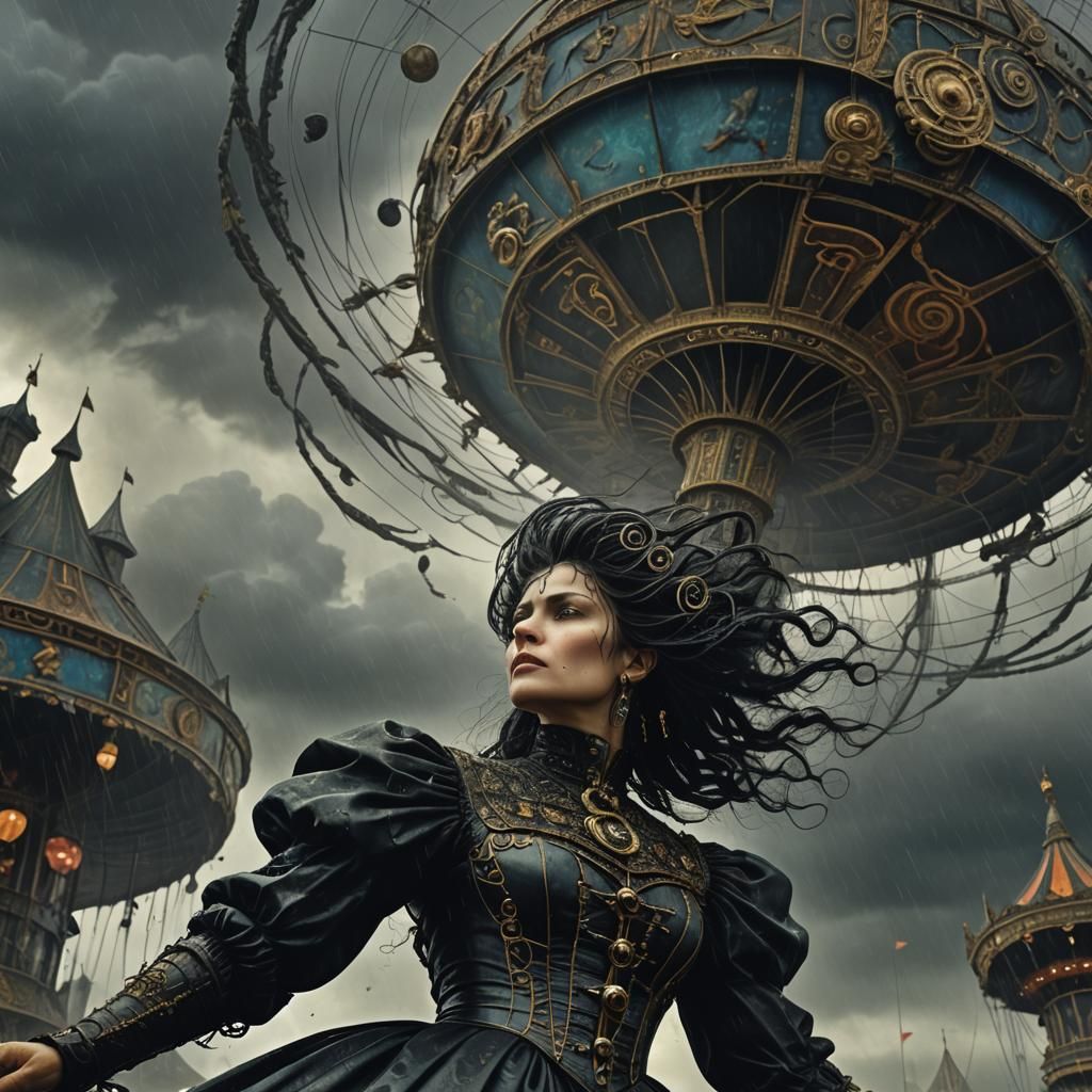 Dark Fantasy Circus Performer in a Stormy Sky