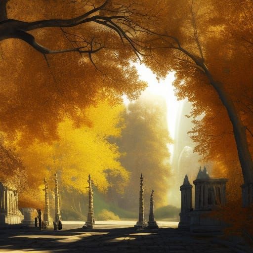 Golden Aspen Trees and Marble Arches in Sunlight