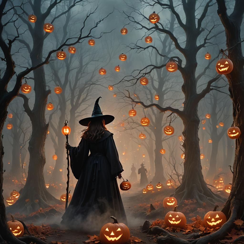 Witch in Misty Forest with Jack-o-Lanterns