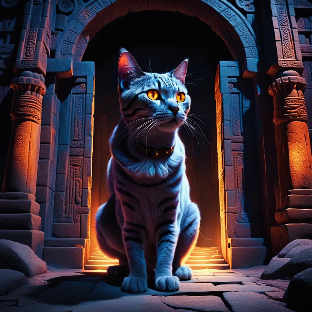 Cat Guardian at Ancient Temple Entrance