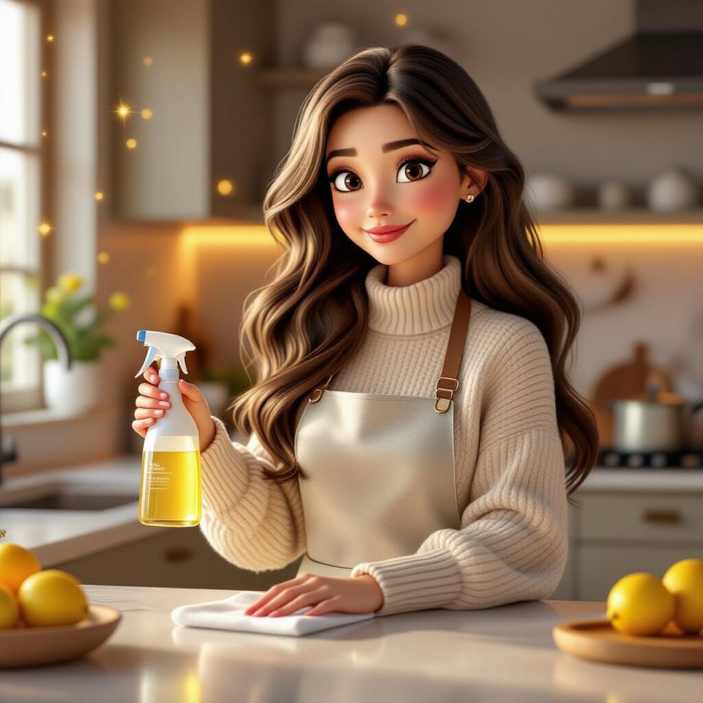 Elegant Woman Cleaning Kitchen in Pixar 3D Style