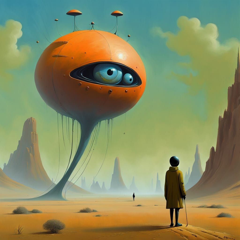 Whimsical Surrealist Painting of a Playful Wanderer