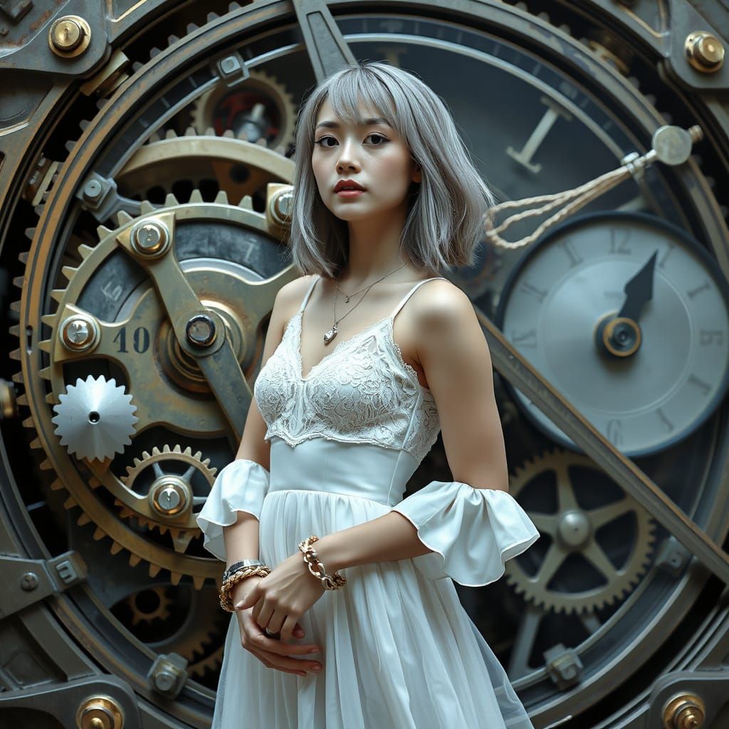 Dreamlike Timekeeper Goddess in Industrial Steampunk Gearbox