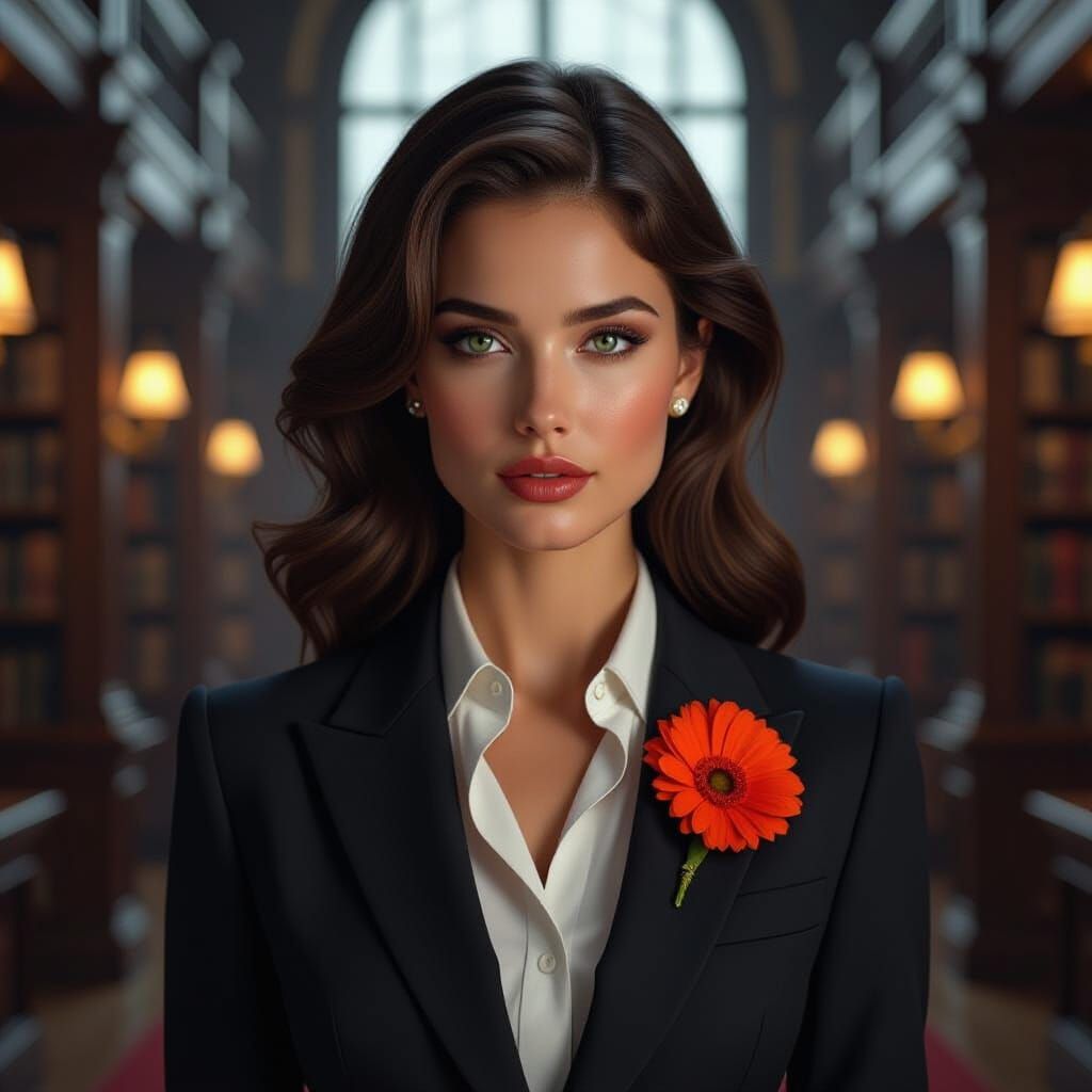 Elegant Woman in Library: Hyperrealistic Cyberpunk Style