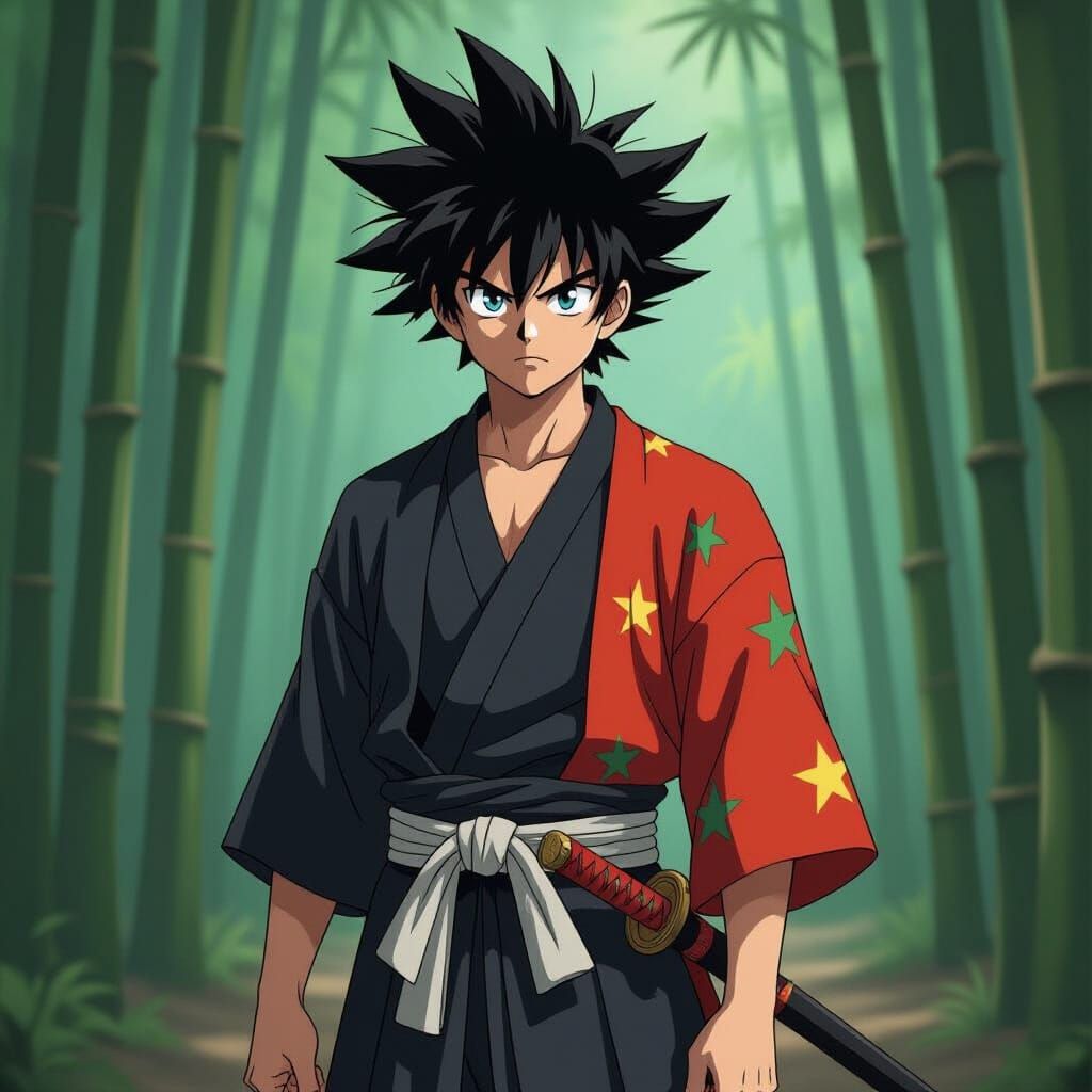 Anime Swordsman in Bamboo Forest, Cel-Shaded Style