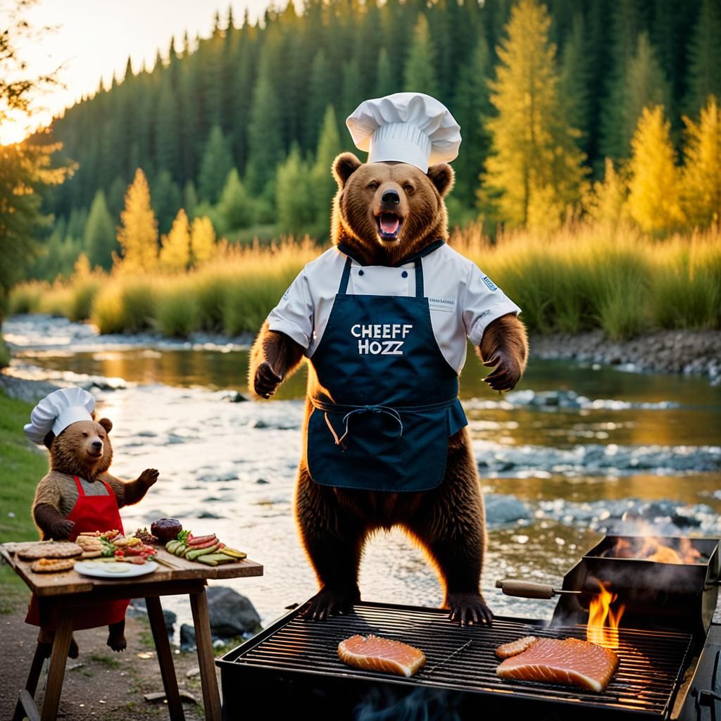 Bear Chef Grills Salmon in Whimsical Scene