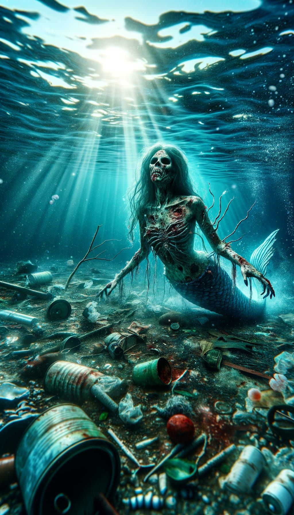Undead Mermaid in Polluted Ocean: A Striking Image