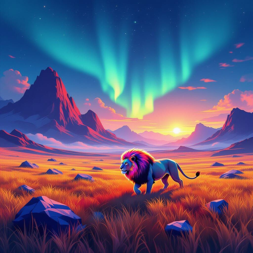 Mythical Lion on Fractal Savannah in Dreamlike Landscape