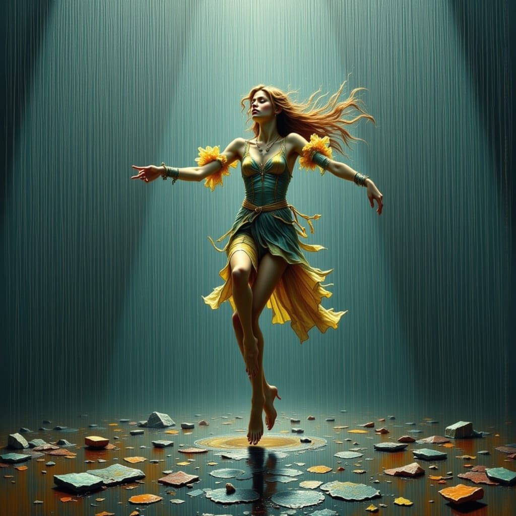 Dancing Figure in Rain with Painterly Style