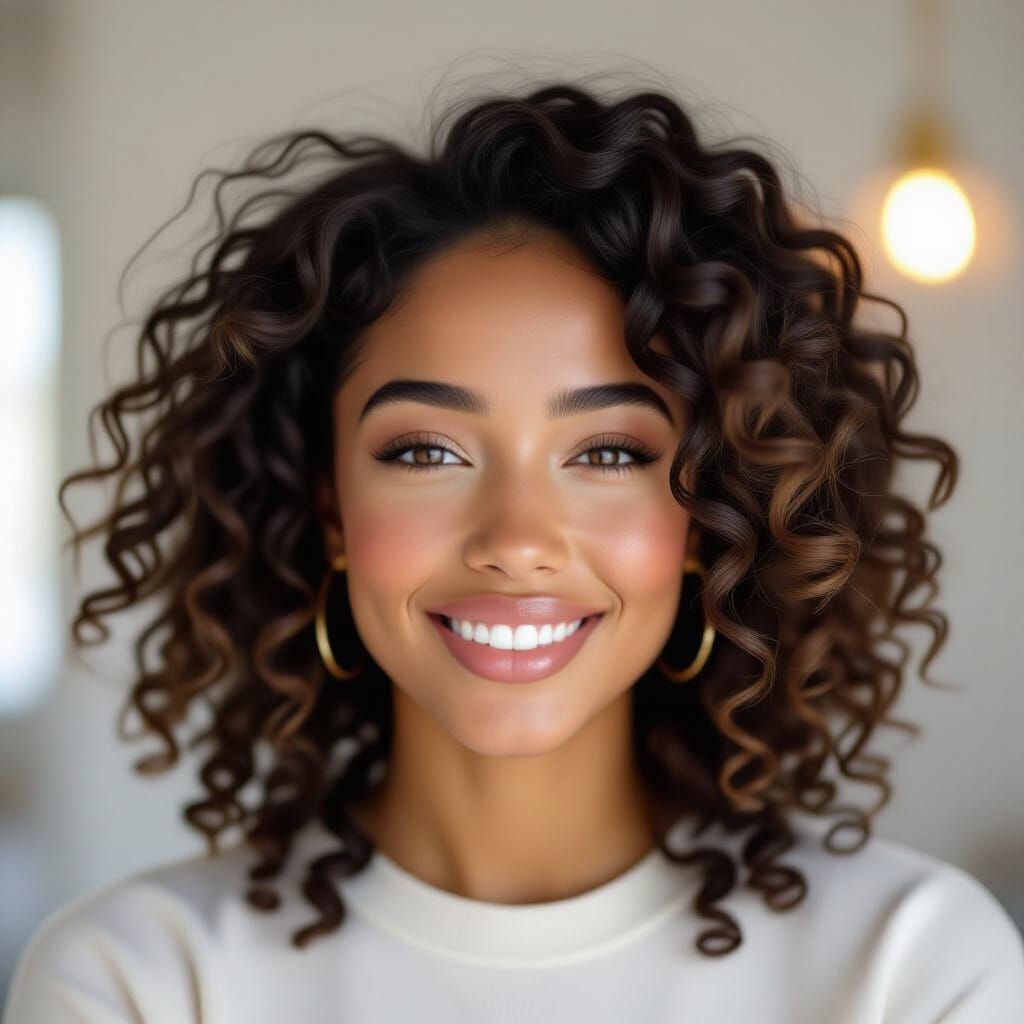 Realistic Selfie Video of Woman with Curly Dark Hair