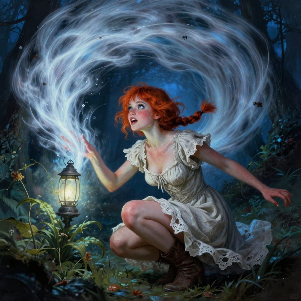 Fantasy Woman With Tornado Elemental in Dark Forest