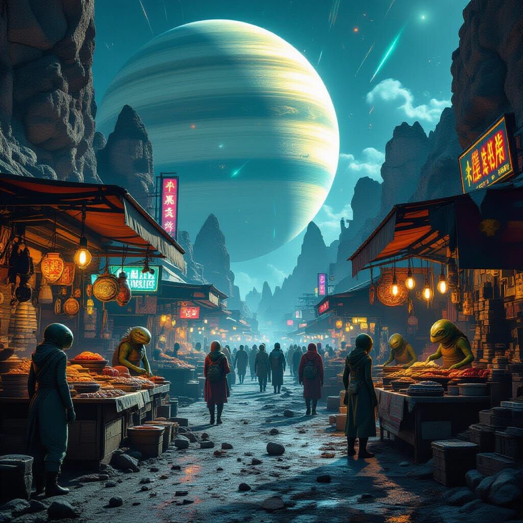 Bustling Alien Market on Titan in Hyperrealistic Photography
