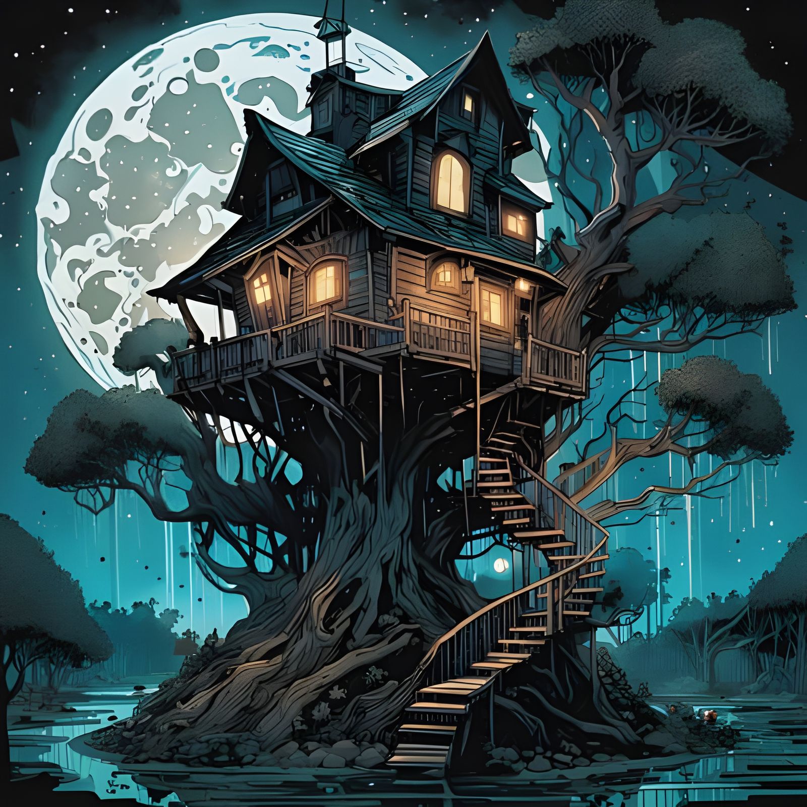 Moonlit Treehouse in Dreamy Landscape