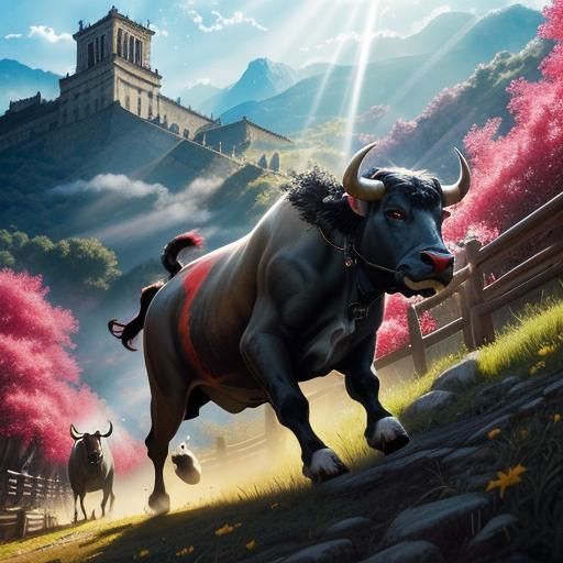 Running of the Bulls in Pamplona, Watercolor Style